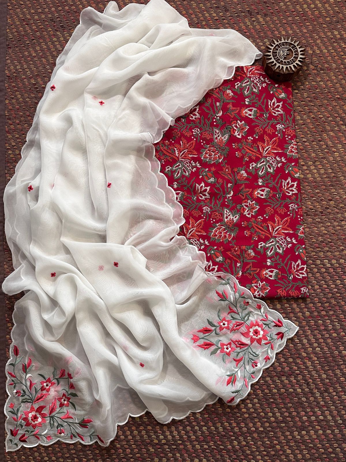 Pure Cotton Handblocked Fabric with Embroidered Organza Dupatta