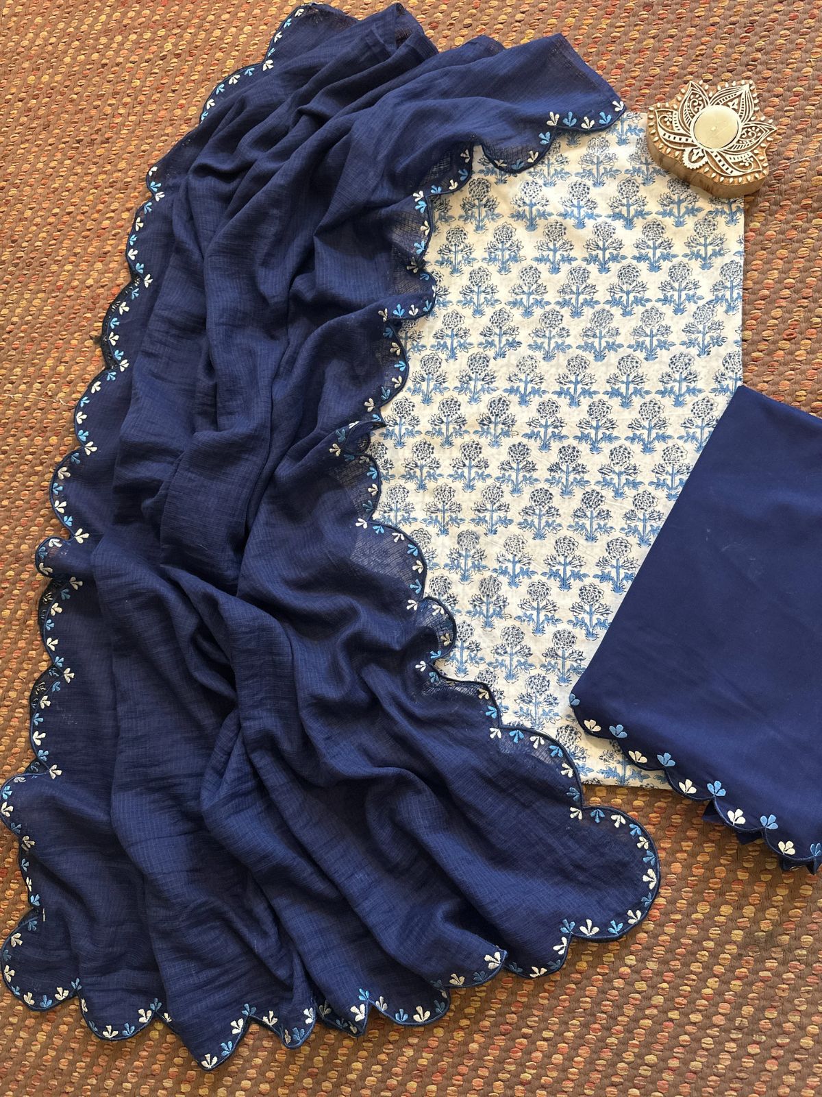 Pure Cotton Hand-block Fabric with Exclusive Embroidered Bottom & Kota Doria Dupatta