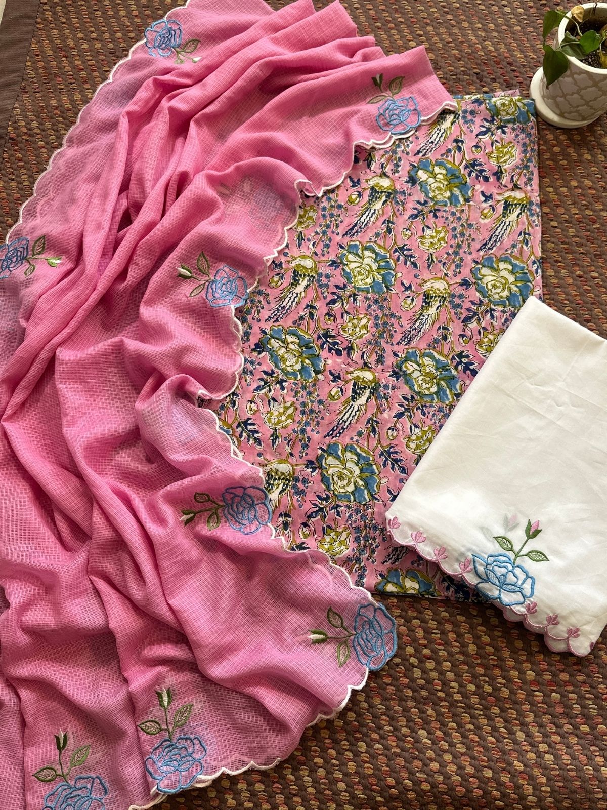 Pure Cotton Malmal Hand-block Fabric with Embroidered Bottom & Kota Doria Dupatta