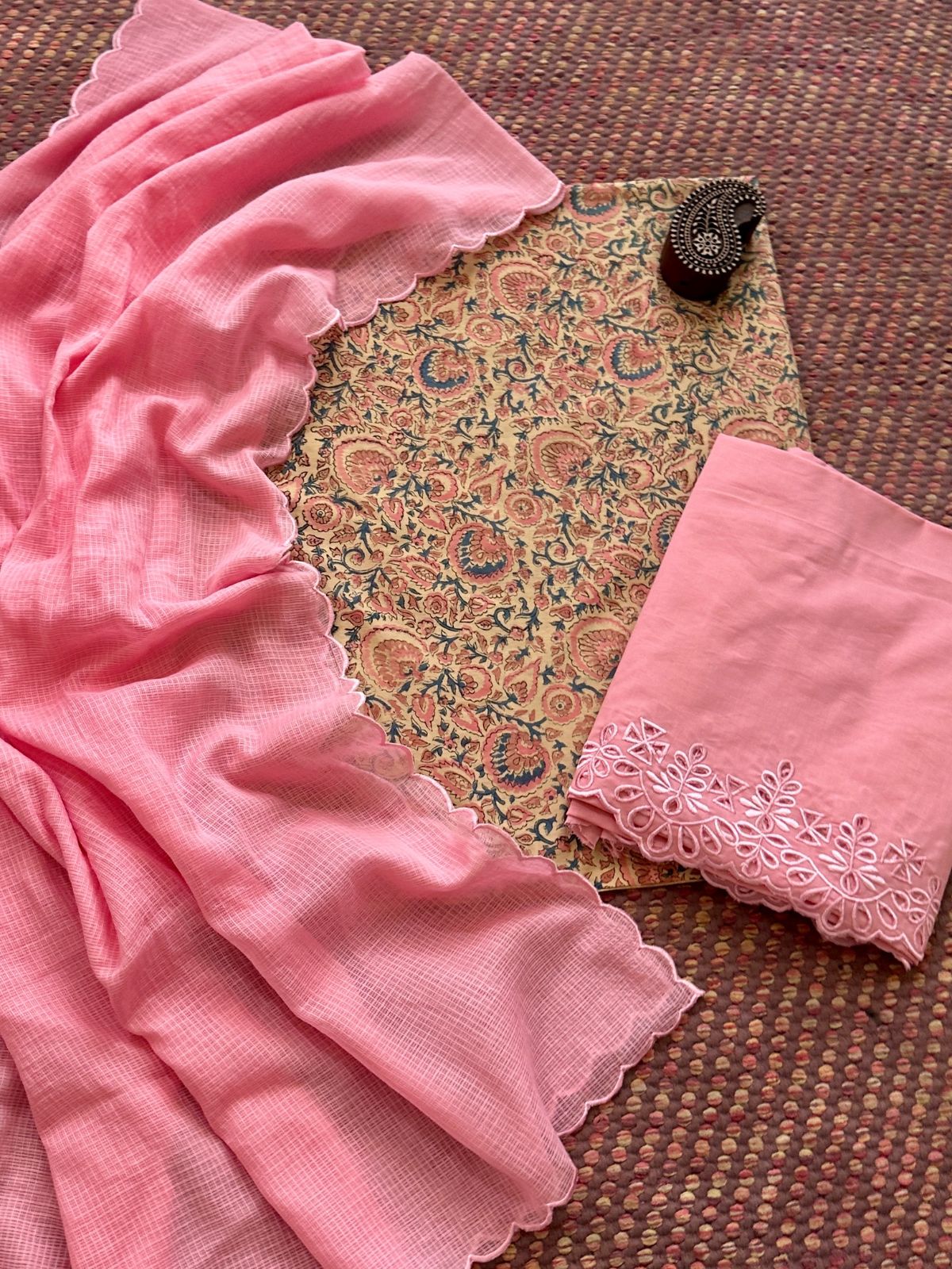 Pure Cotton Hand-blocked Fabric with Cutwork Bottom & Kota Doria Dupatta