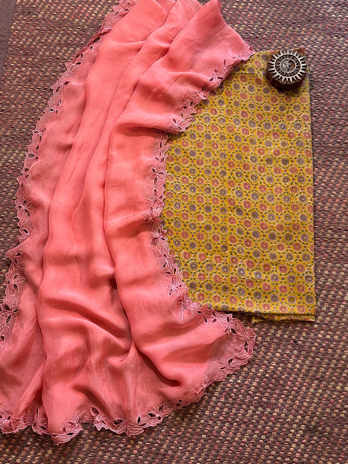Pure Cotton Malmal Handblocked Fabric with Exclusive Cutwork Organza Dupatta