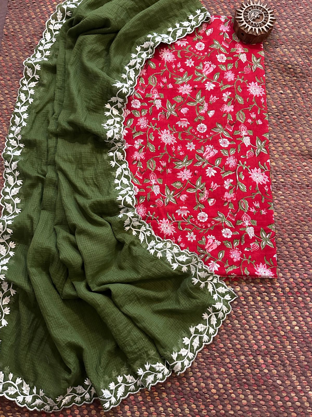 Pure Cotton  Hand-block Fabric with Exclusive Embroidered Kota Doria Dupatta