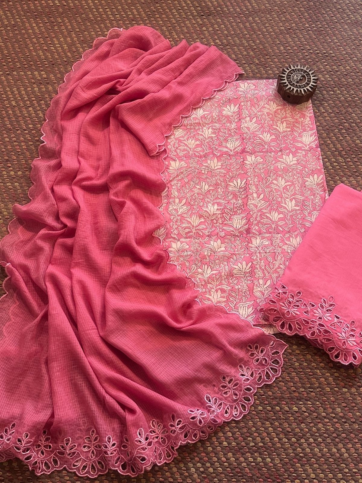 Pure Cotton Hand-blocked Fabric with Cutwork Bottom & Kota Doria Dupatta