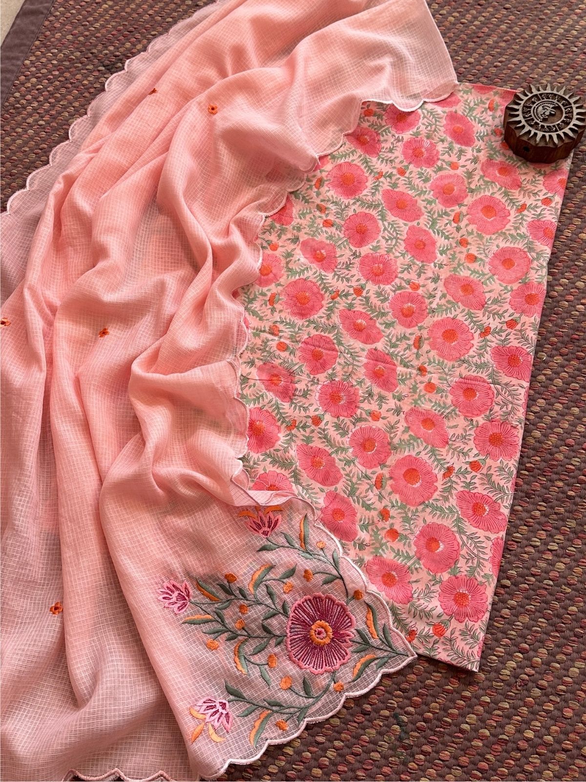 Pure Cotton Hand-blocked fabric set with Embroidered Dupatta