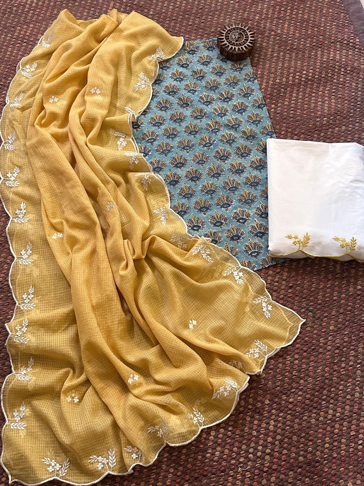 Pure Cotton Malmal Hand-block Fabric with Embroidered Bottom & Kota Doria Dupatta