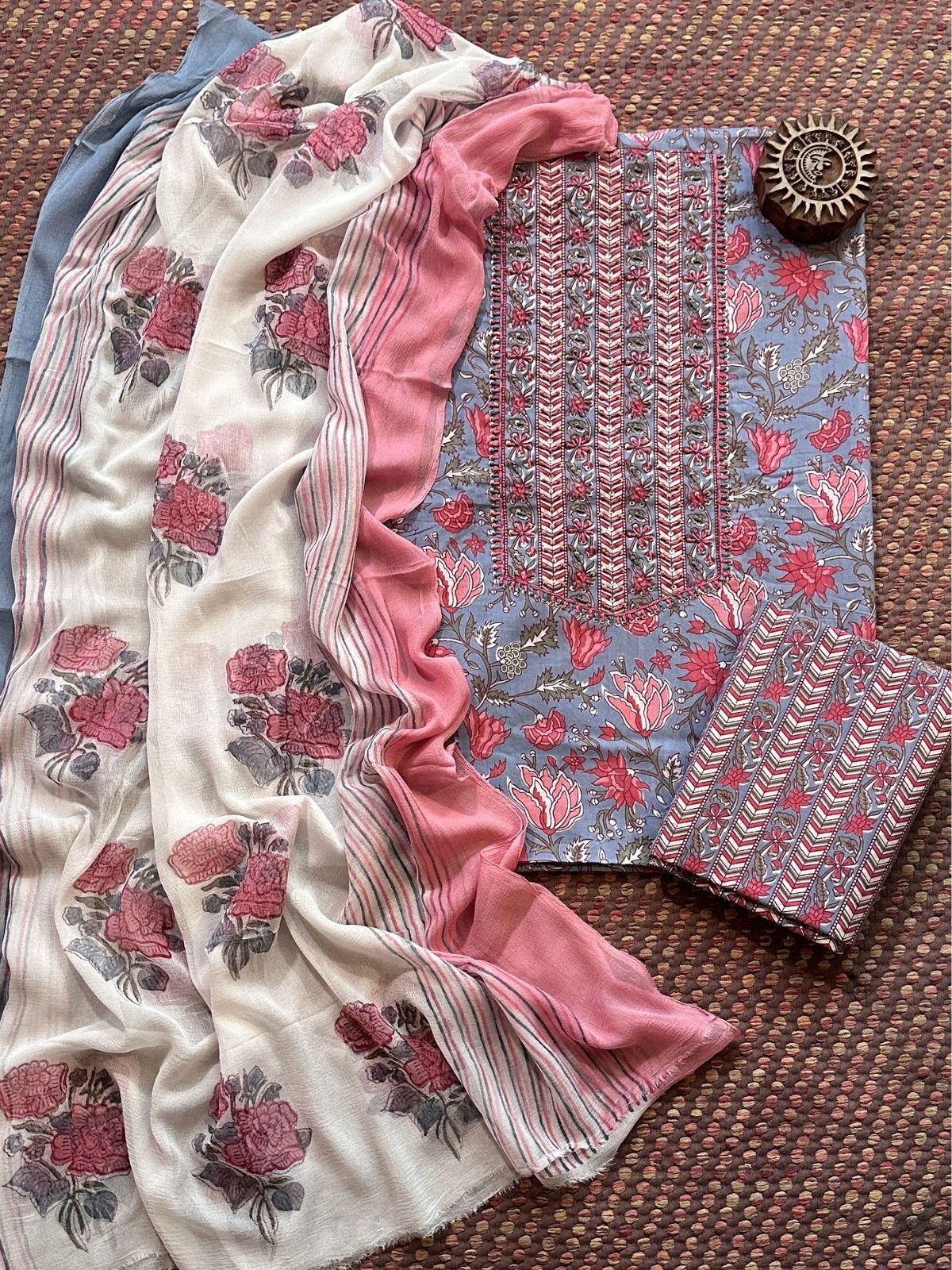 Pure Cotton Handblocked Unstitched Set with pure chiffon Dupatta