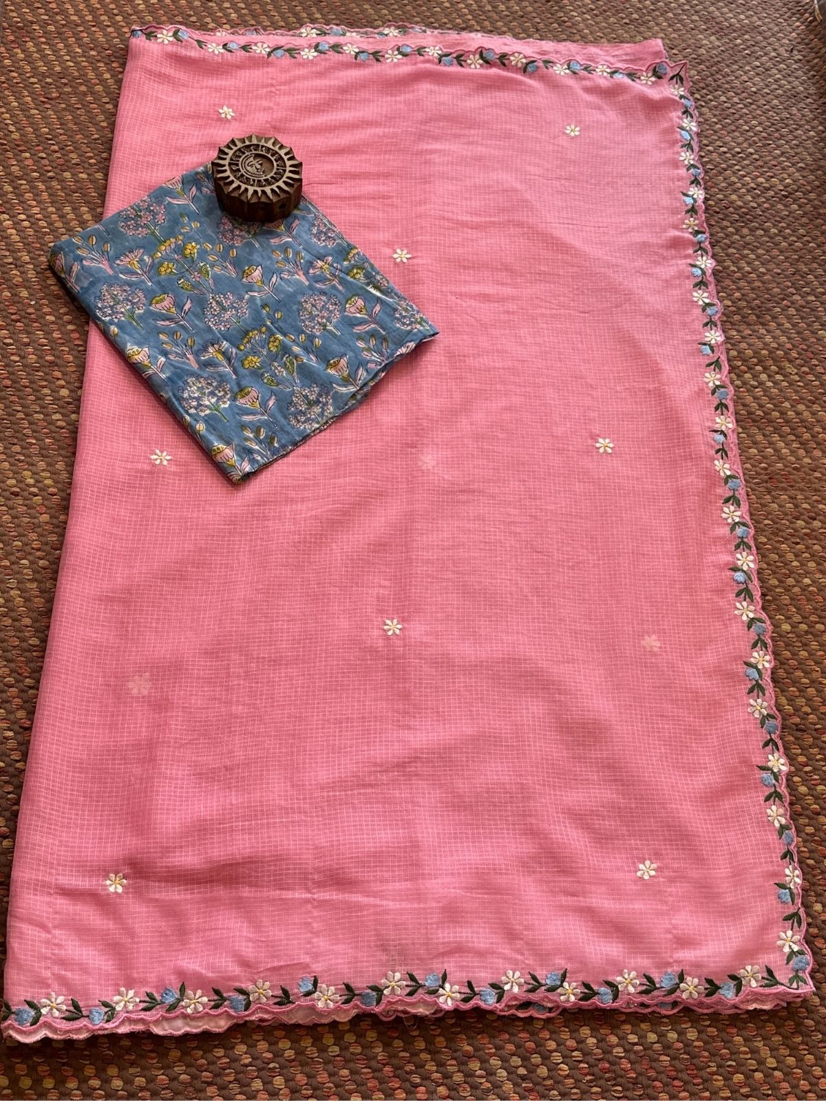 Kota Doria Embroidered Saree with Hand Block Blouse fabric