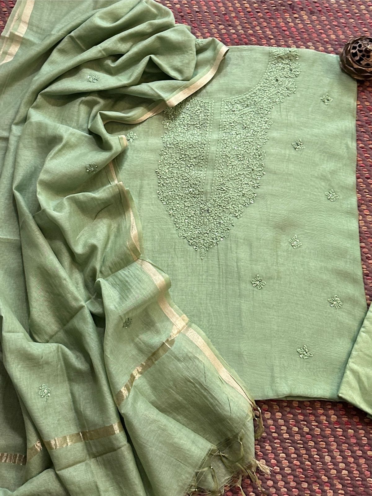 Premium Subtle Green Shade Malmal Maheswari Chikankari Set