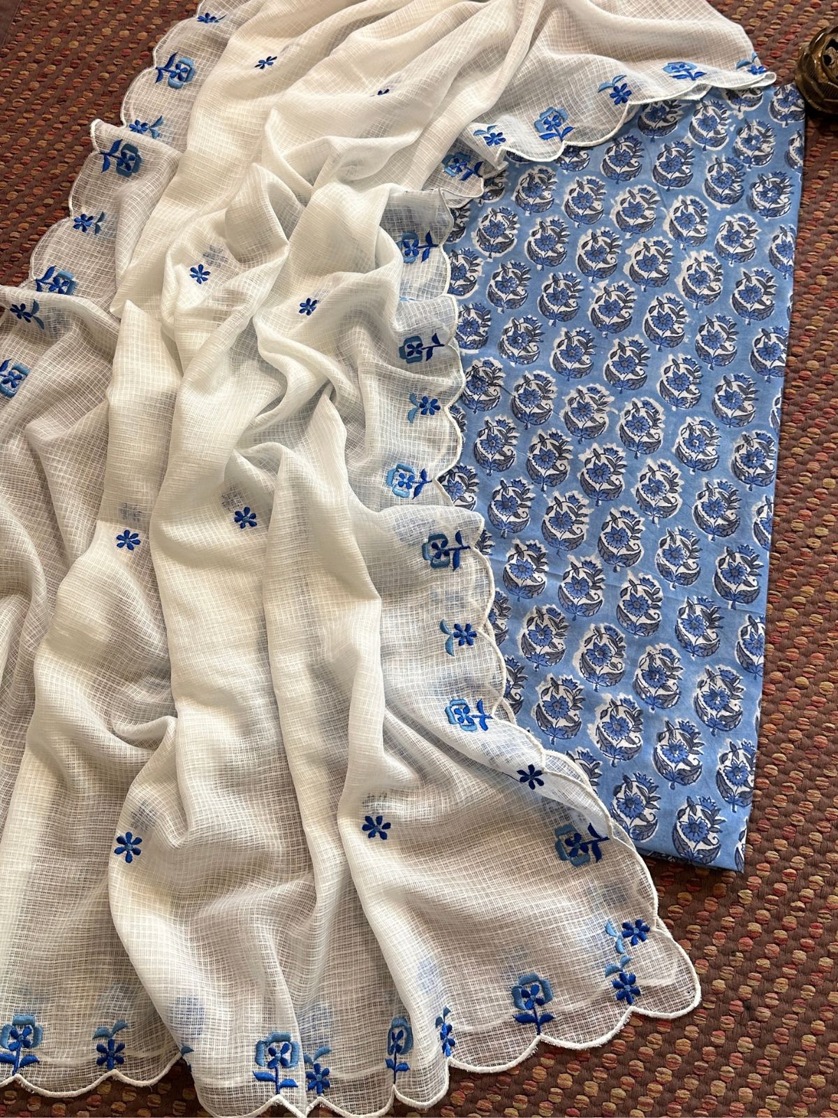 Pure Cotton Handblocked Fabric with Embroidered Dupatta