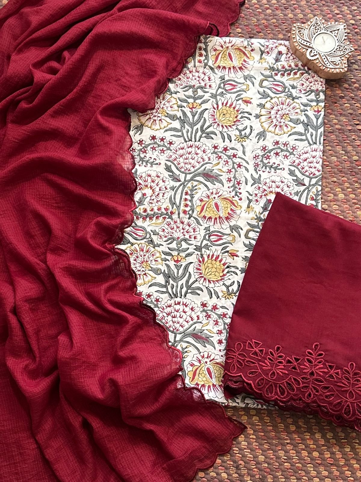 Pure Cotton Hand-blocked Fabric with Cutwork Bottom & Kota Doria Dupatta