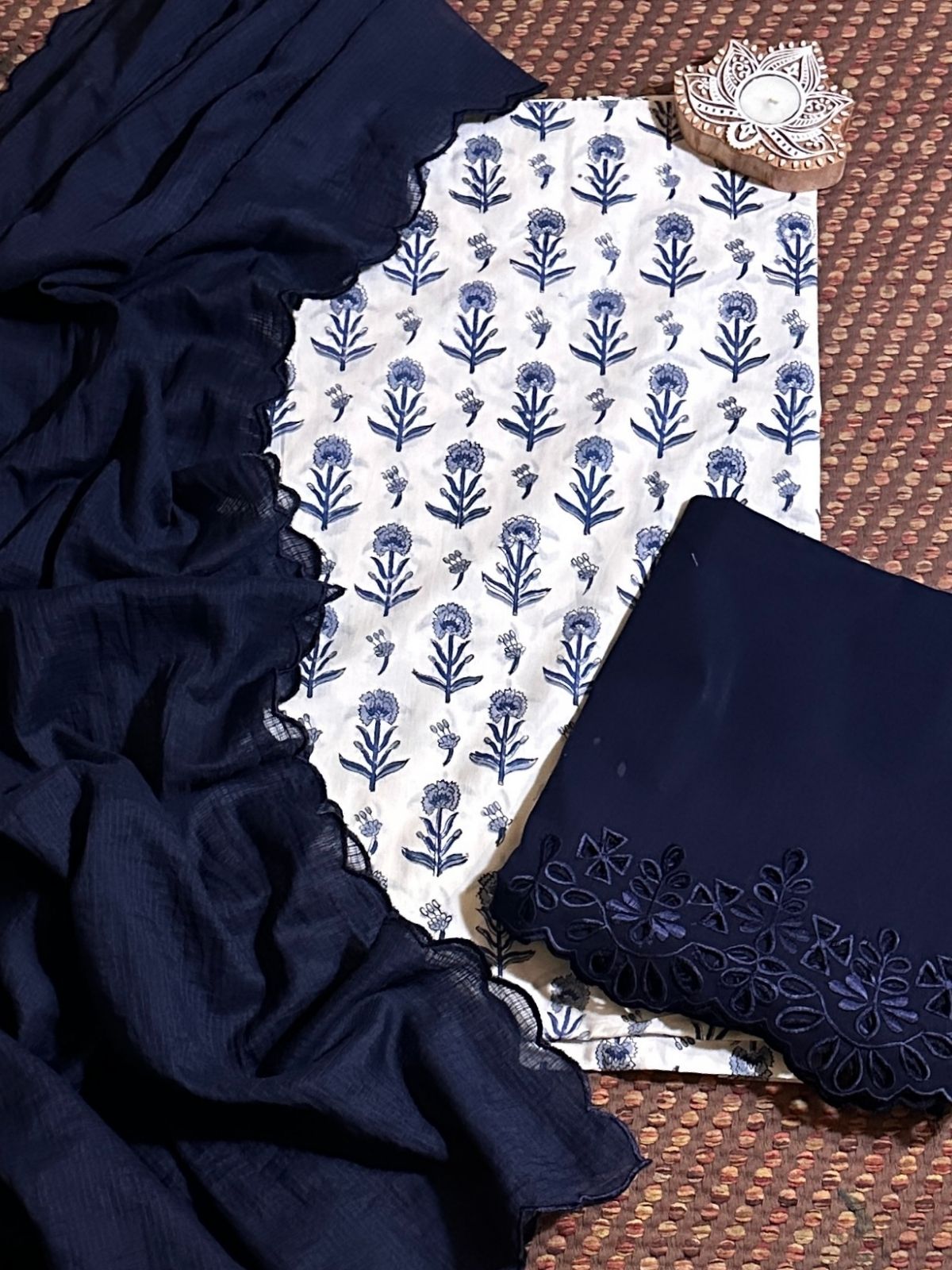 Pure Cotton Hand-blocked Fabric with Cutwork Bottom & Kota Doria Dupatta