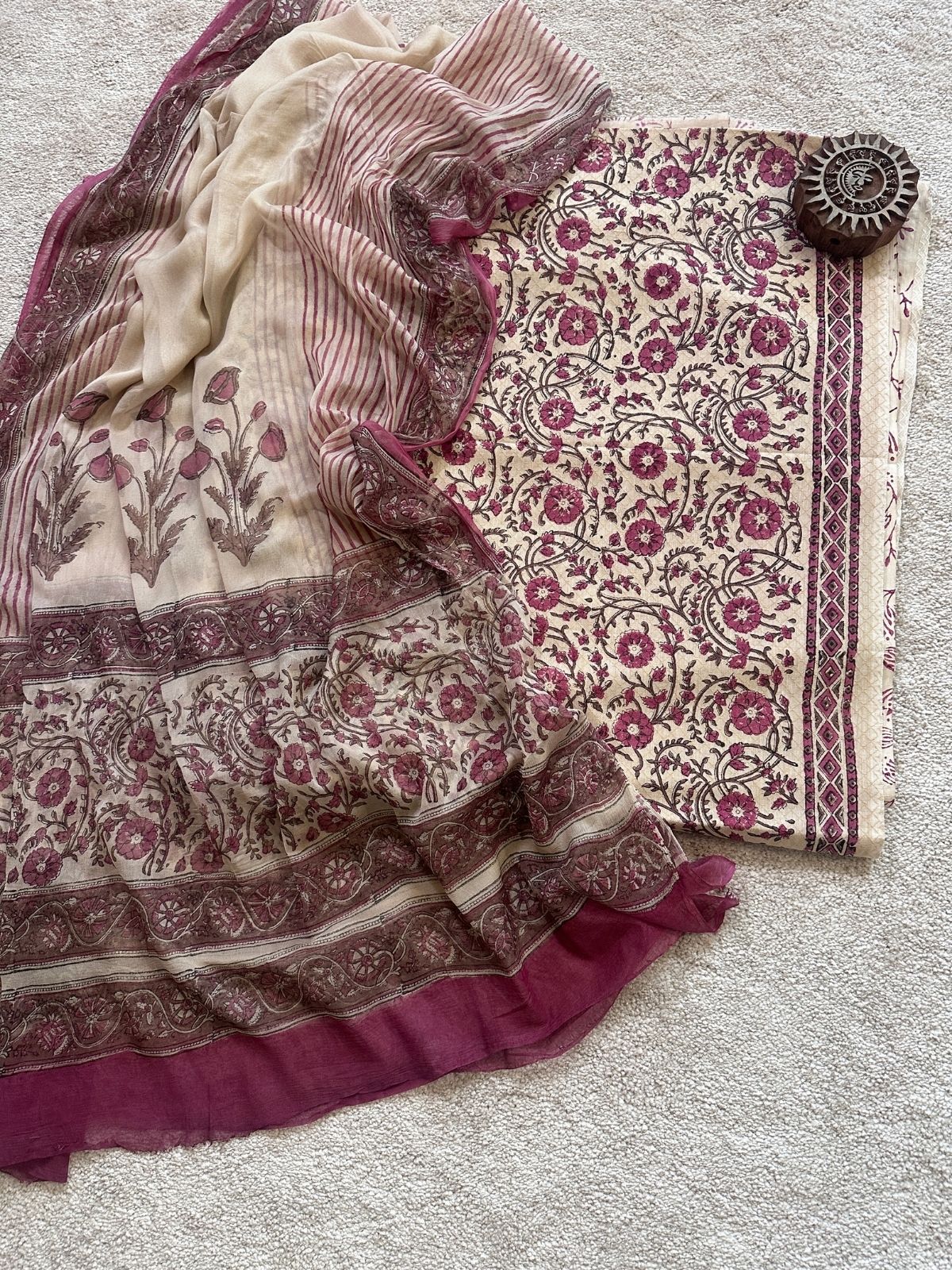 Pure Cotton Handblocked Unstitched Set with pure chiffon Dupatta
