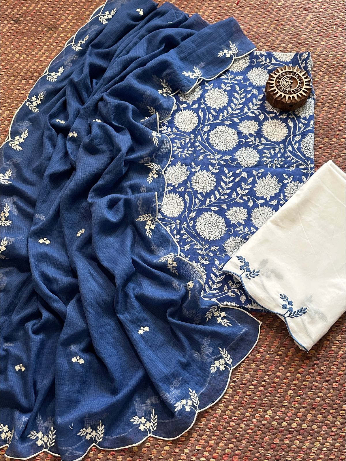 Pure Cotton Hand-block Fabric with Embroidered Bottom & Kota Doria Dupatta