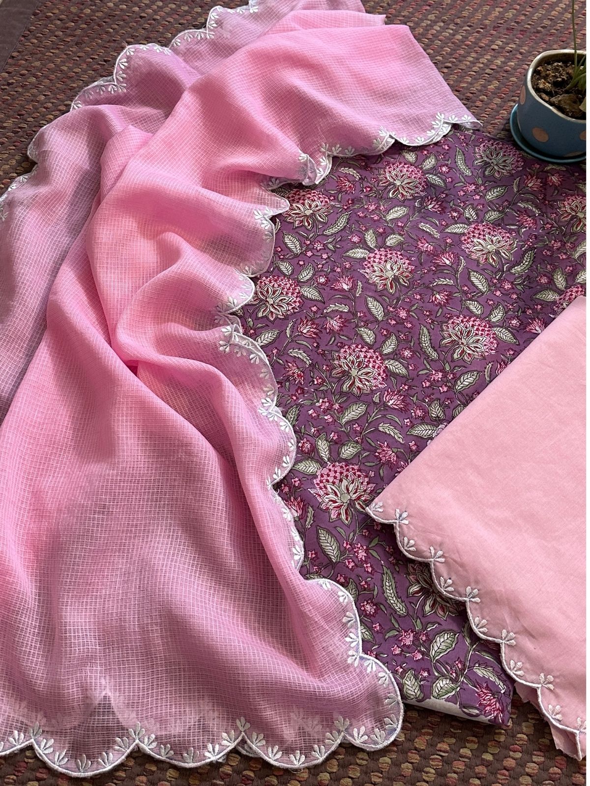 Pure Cotton Handblocked Fabric with Embroidered Dupatta & Bottom