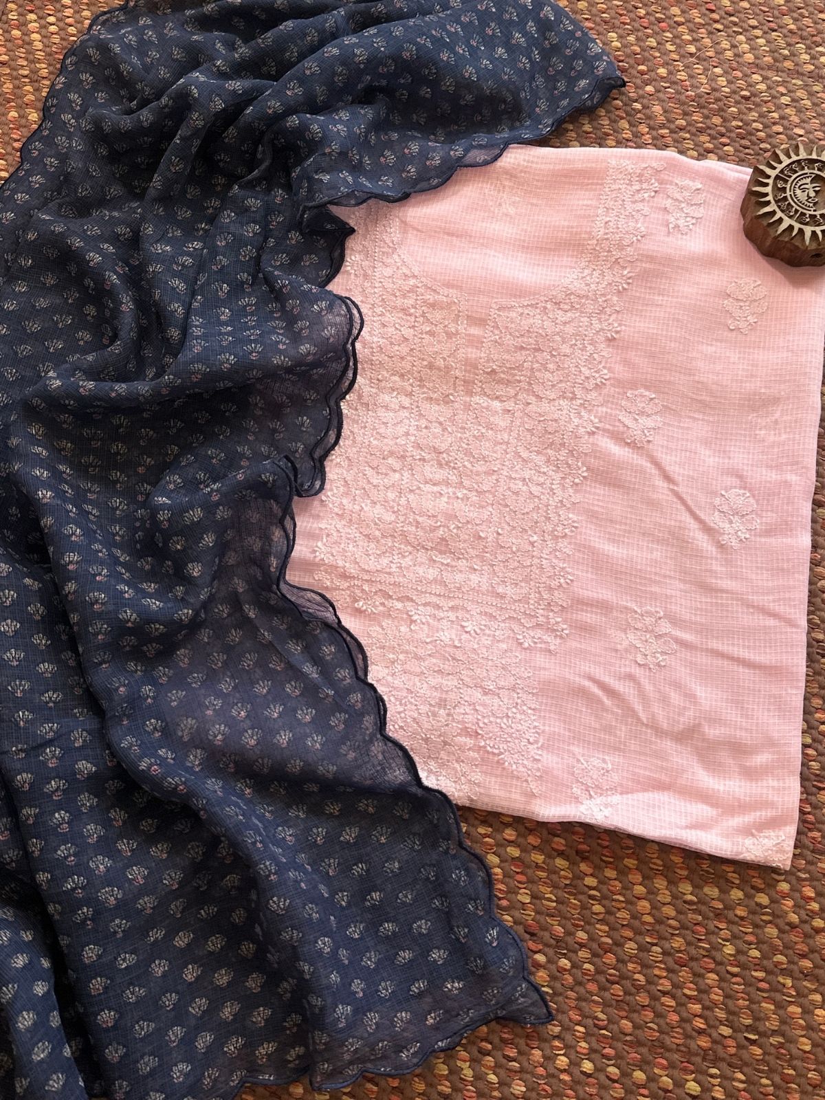 Chikankari Hand Embroidered Fabric with Indigo Hadblocked Kota Dupatta