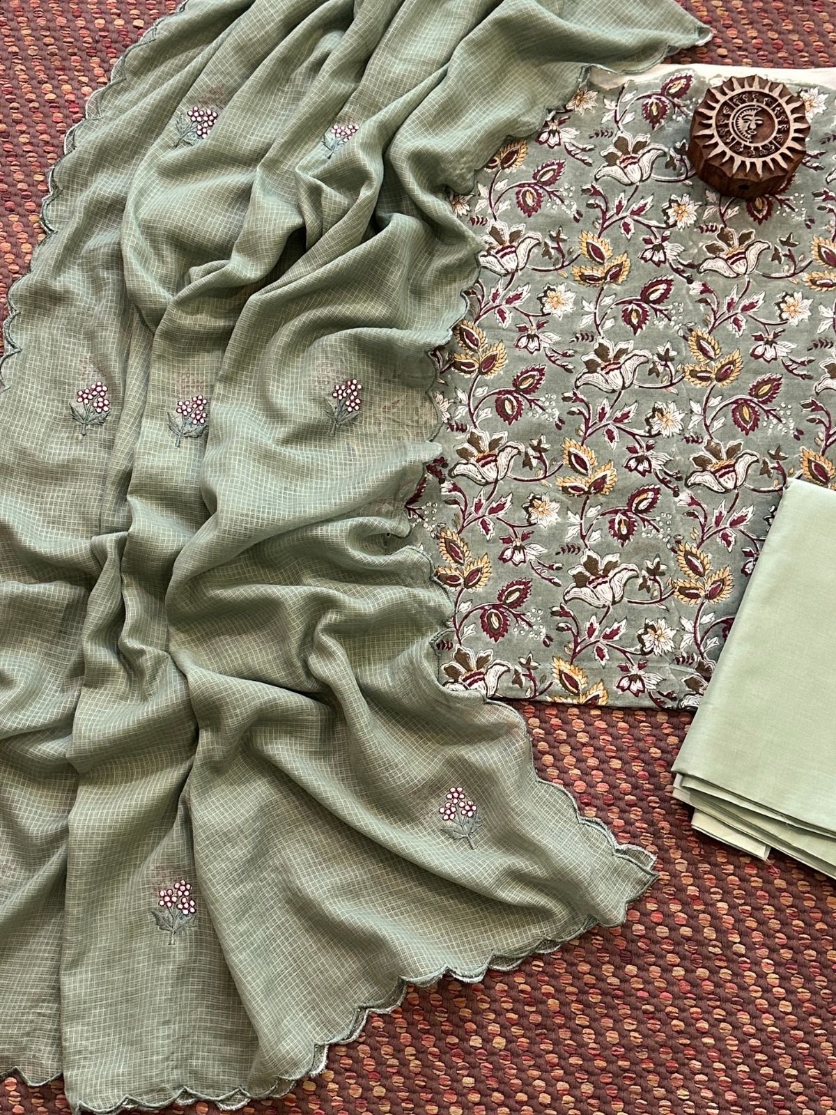 Pure Cotton Hand blocked Set with Embroidered Dupatta