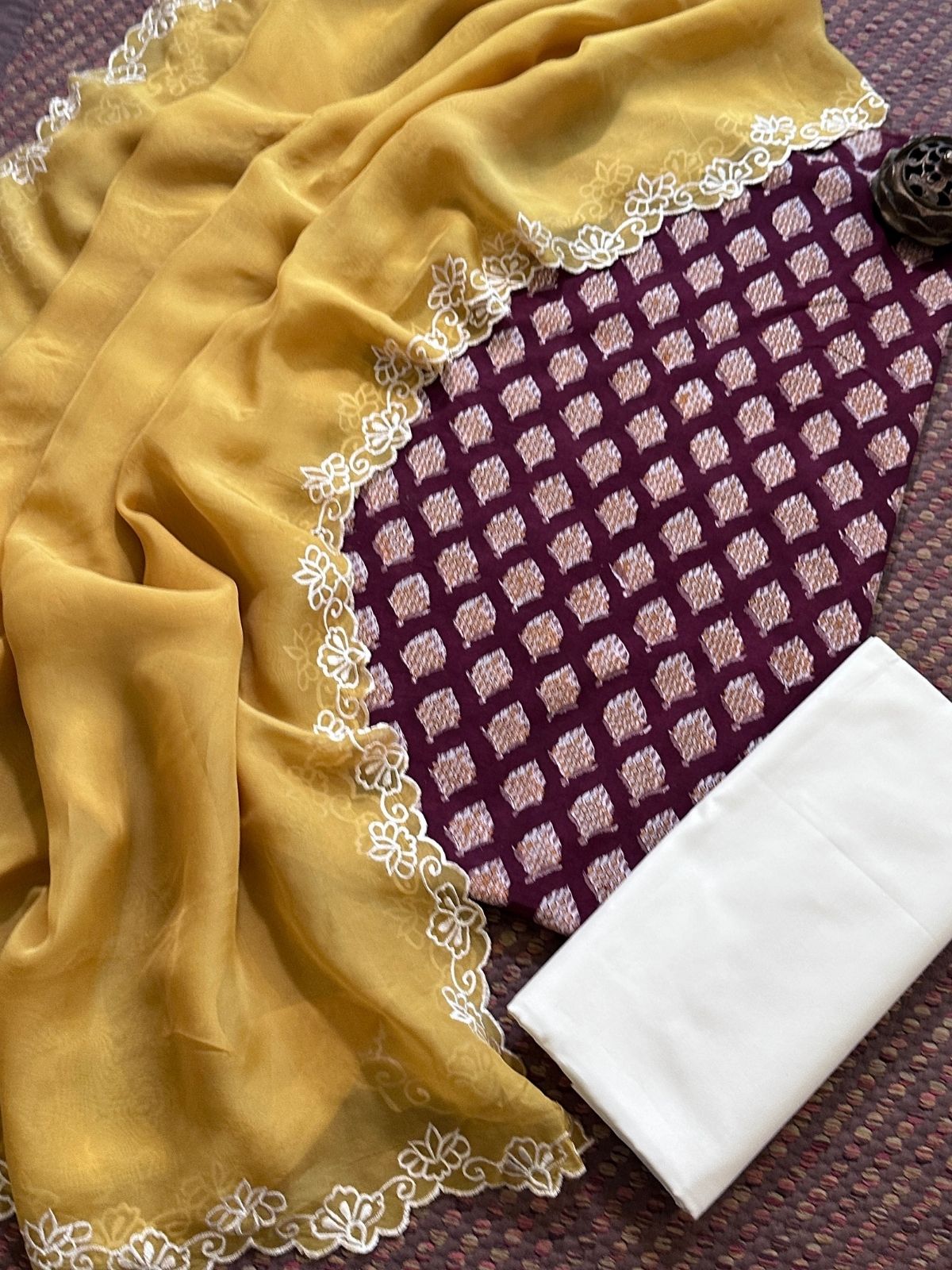 Pure Cotton Hand-blocked Fabric with Exclusive Organza Dupatta