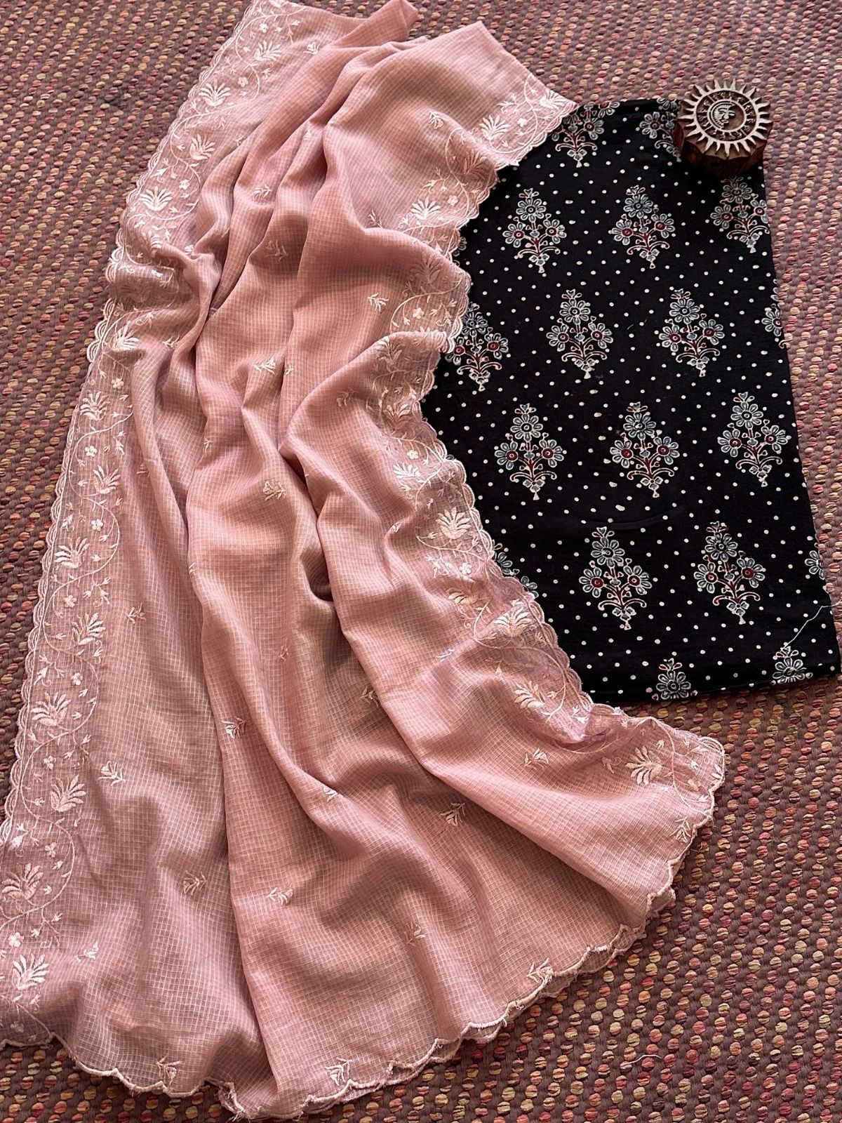 Ajrakh handblocked pure cotton mamal fabric with kota doria embroidered dupatta