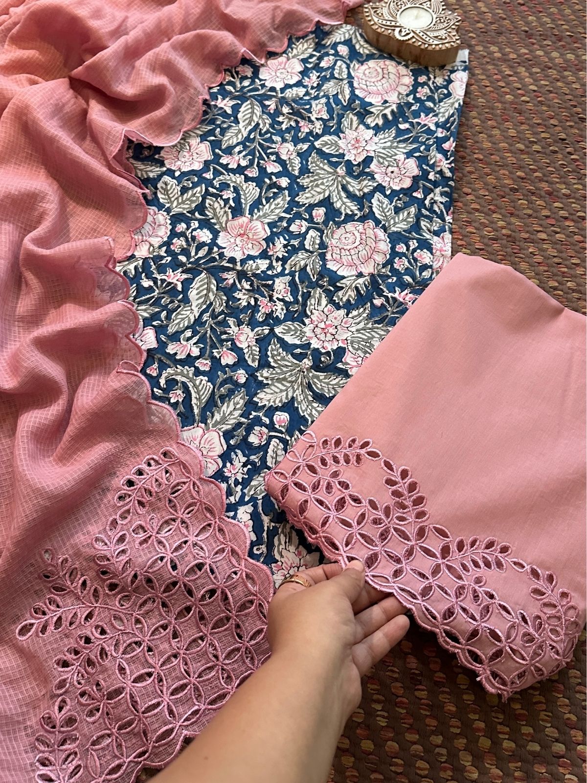 Pure Cotton Hand-blocked Fabric with Cutwork Bottom & Kota Doria Dupatta