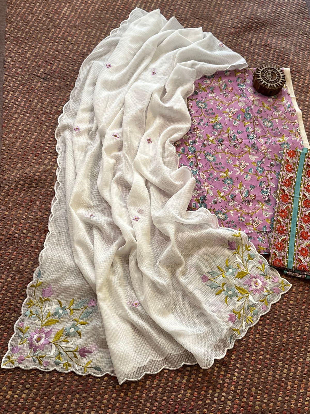 Pure Cotton Malmal Handblock Fabric with Embroidered Dupatta