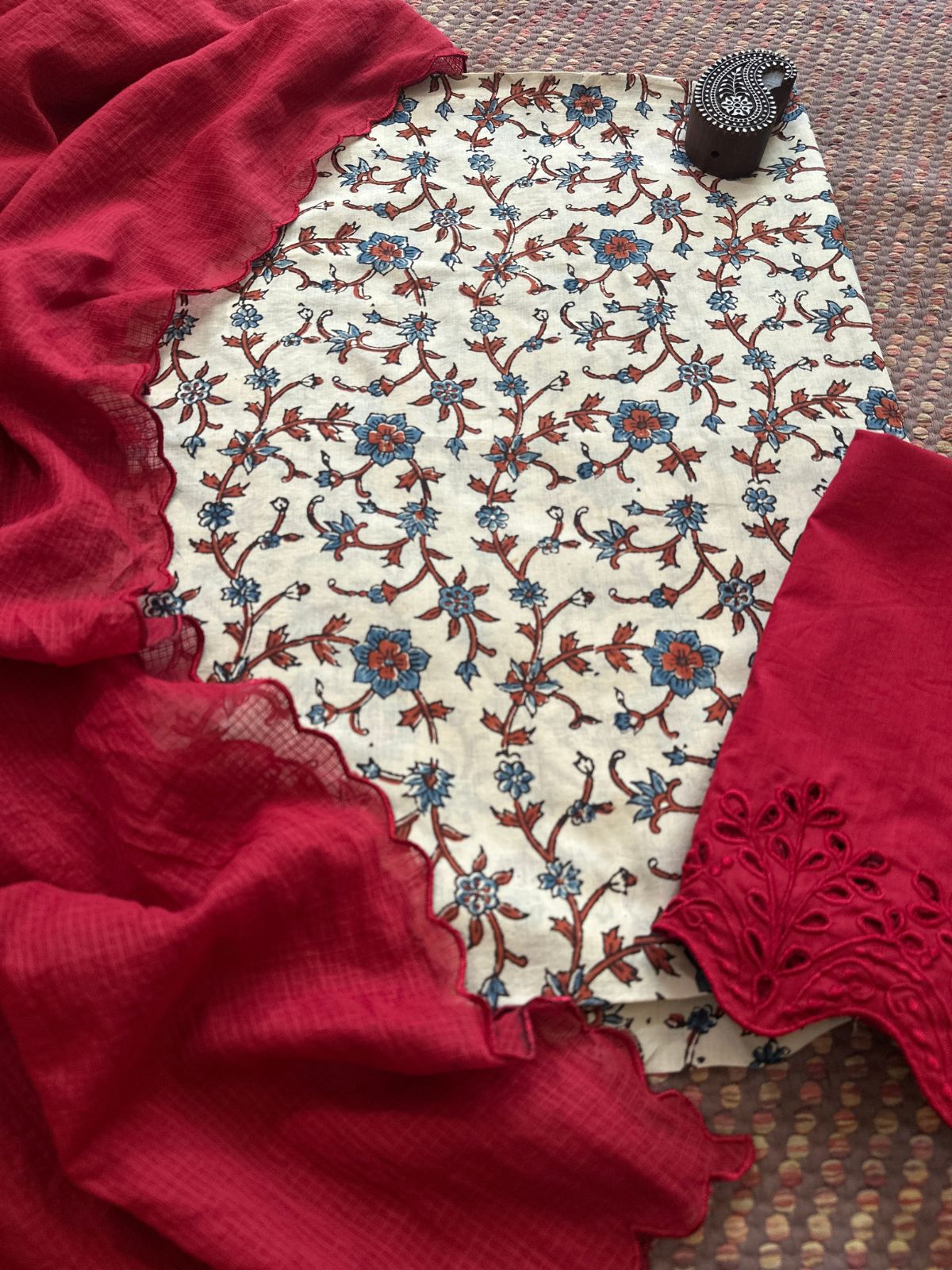 Pure Cotton Malmal  Ajrakh Fabric with Exclusive Cutwork Bottom & Kota Doria Dupatta