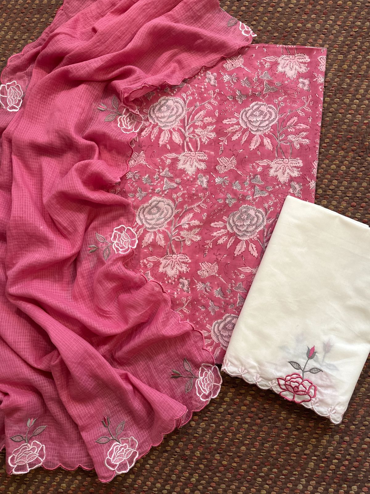 Pure Cotton Hand-block Fabric with Embroidered Bottom & Kota Doria Dupatta