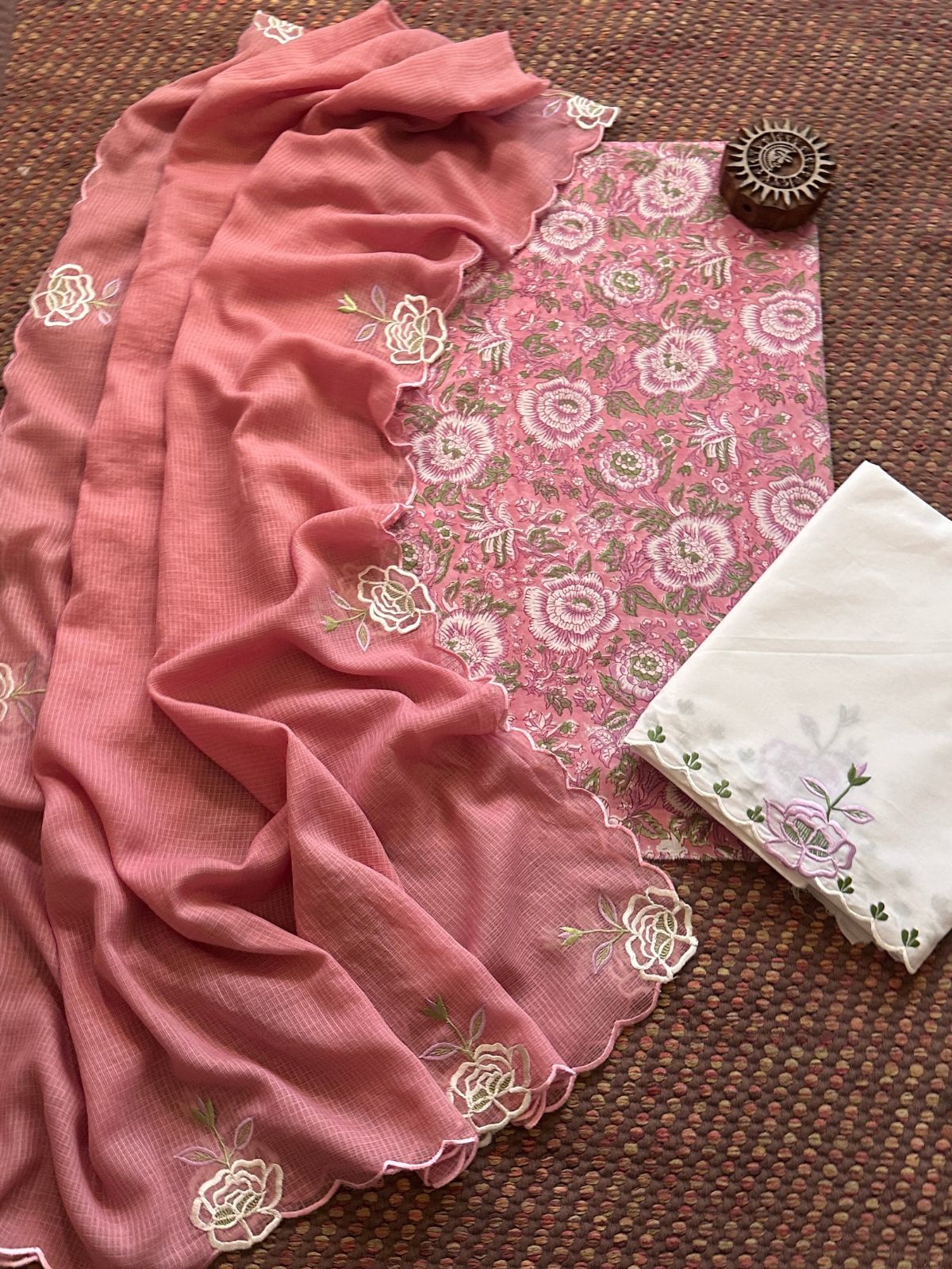 Pure Cotton Hand-block Fabric with Exclusive Embroidered Bottom & Kota Doria Dupatta