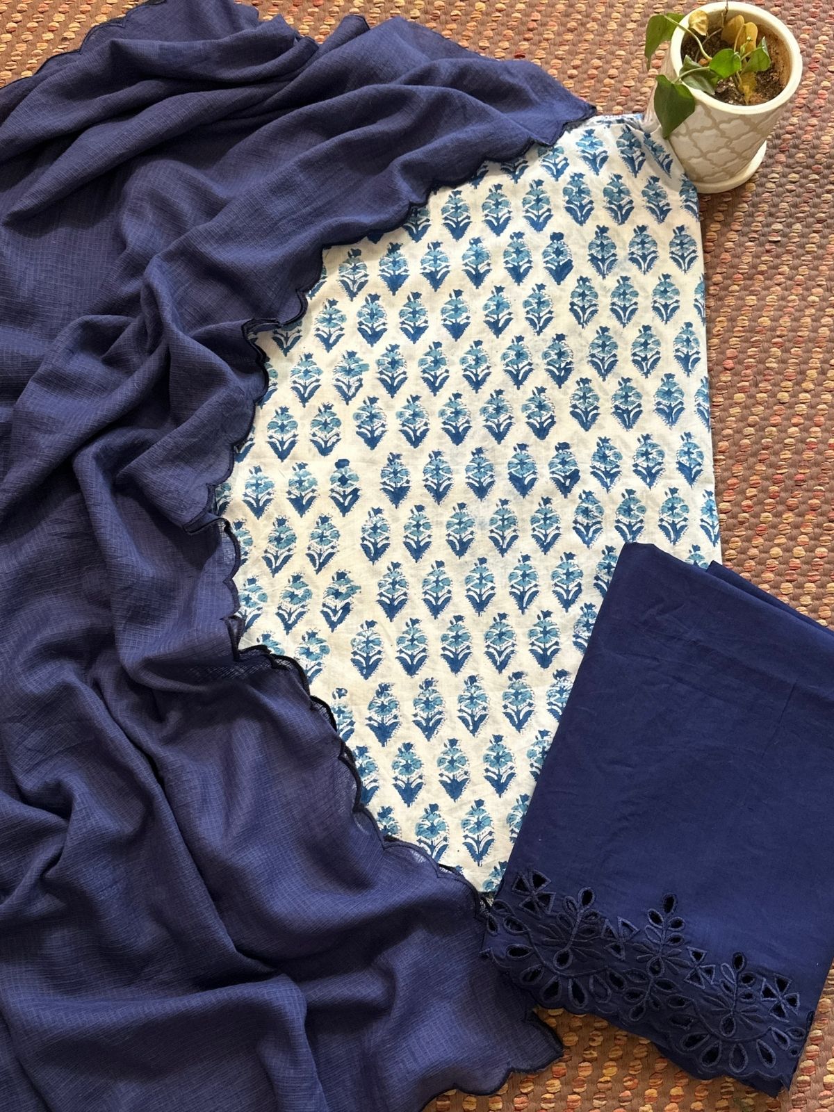 Pure Cotton Hand-blocked Fabric with Cutwork Bottom & Kota Doria Dupatta