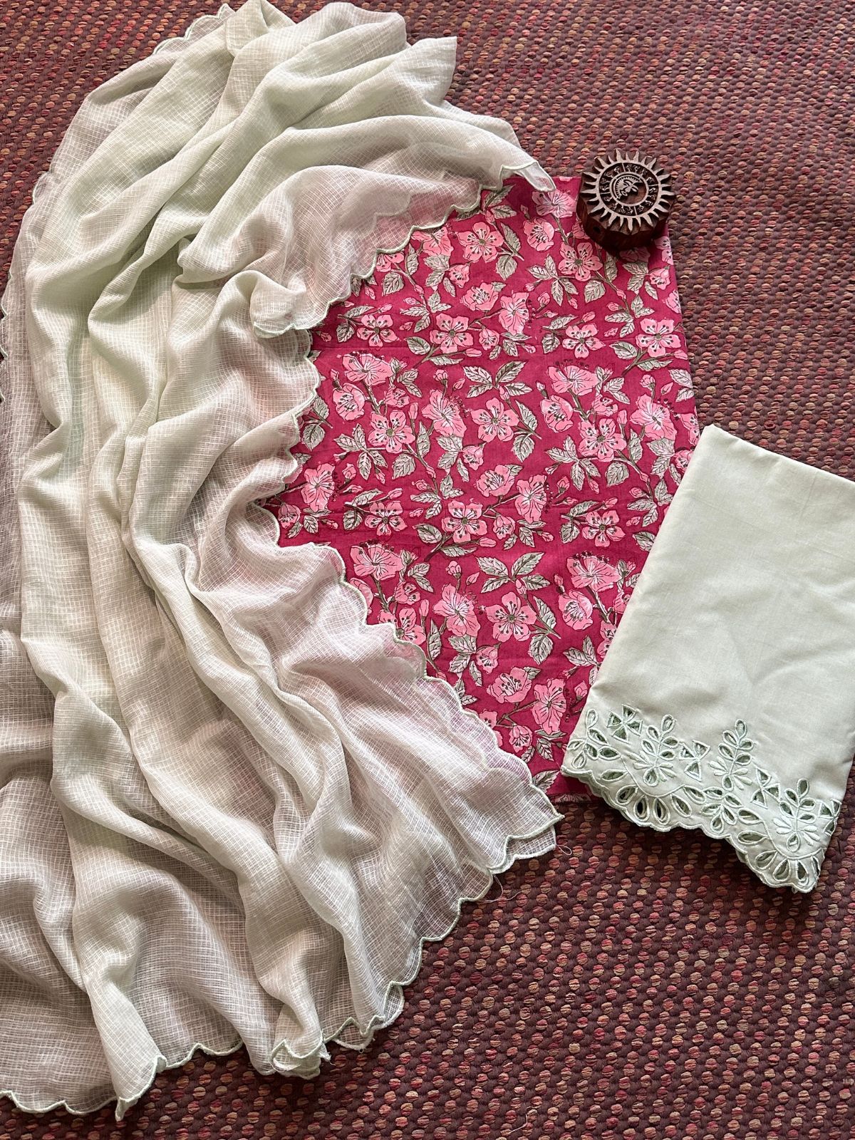 Pure Cotton Hand-blocked Fabric with Cutwork Bottom & Kota Doria Dupatta