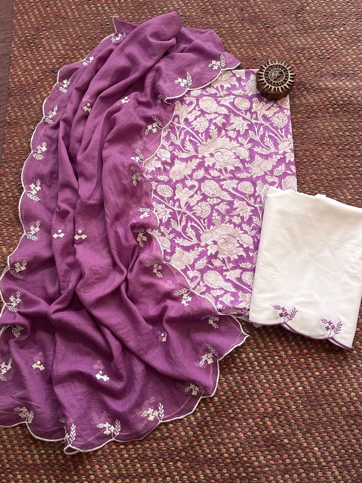 Pure Cotton Hand-block Fabric with Embroidered Bottom & Kota Doria Dupatta