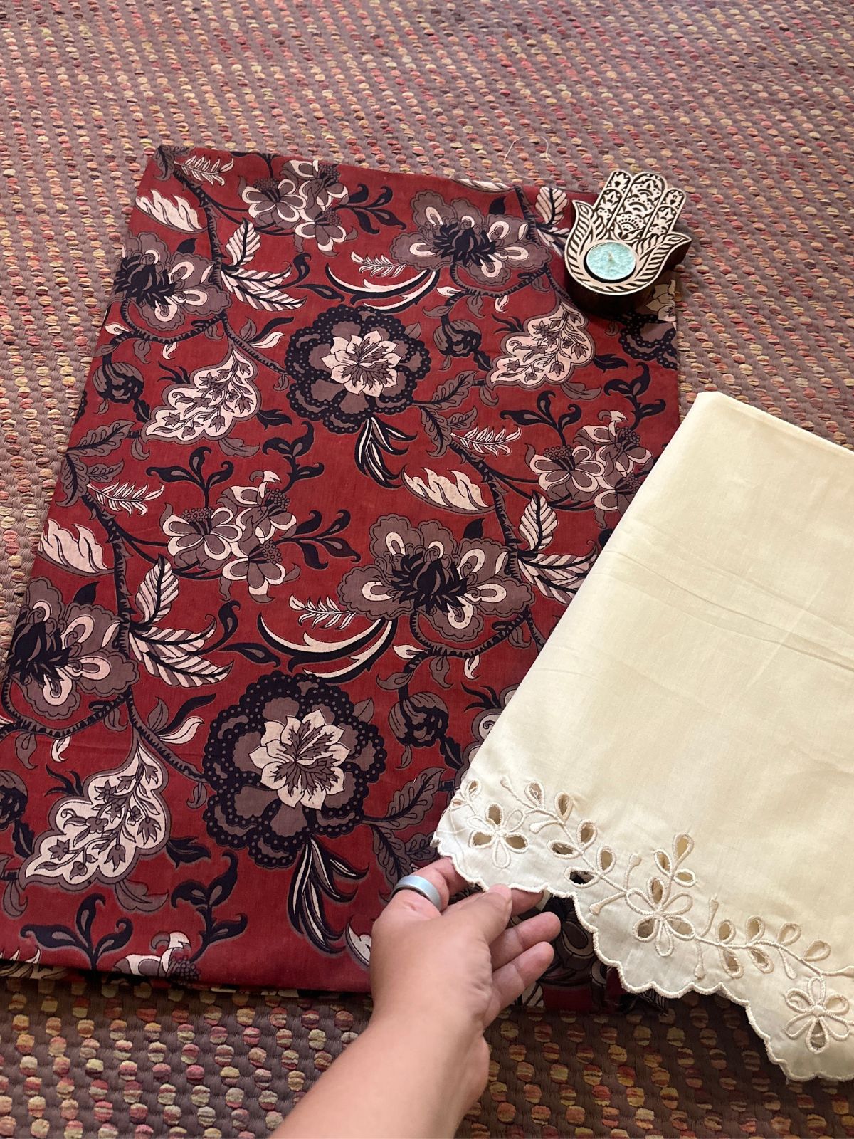 Pure Cotton Malmal Handblocked Fabric with Cutwork Bottom