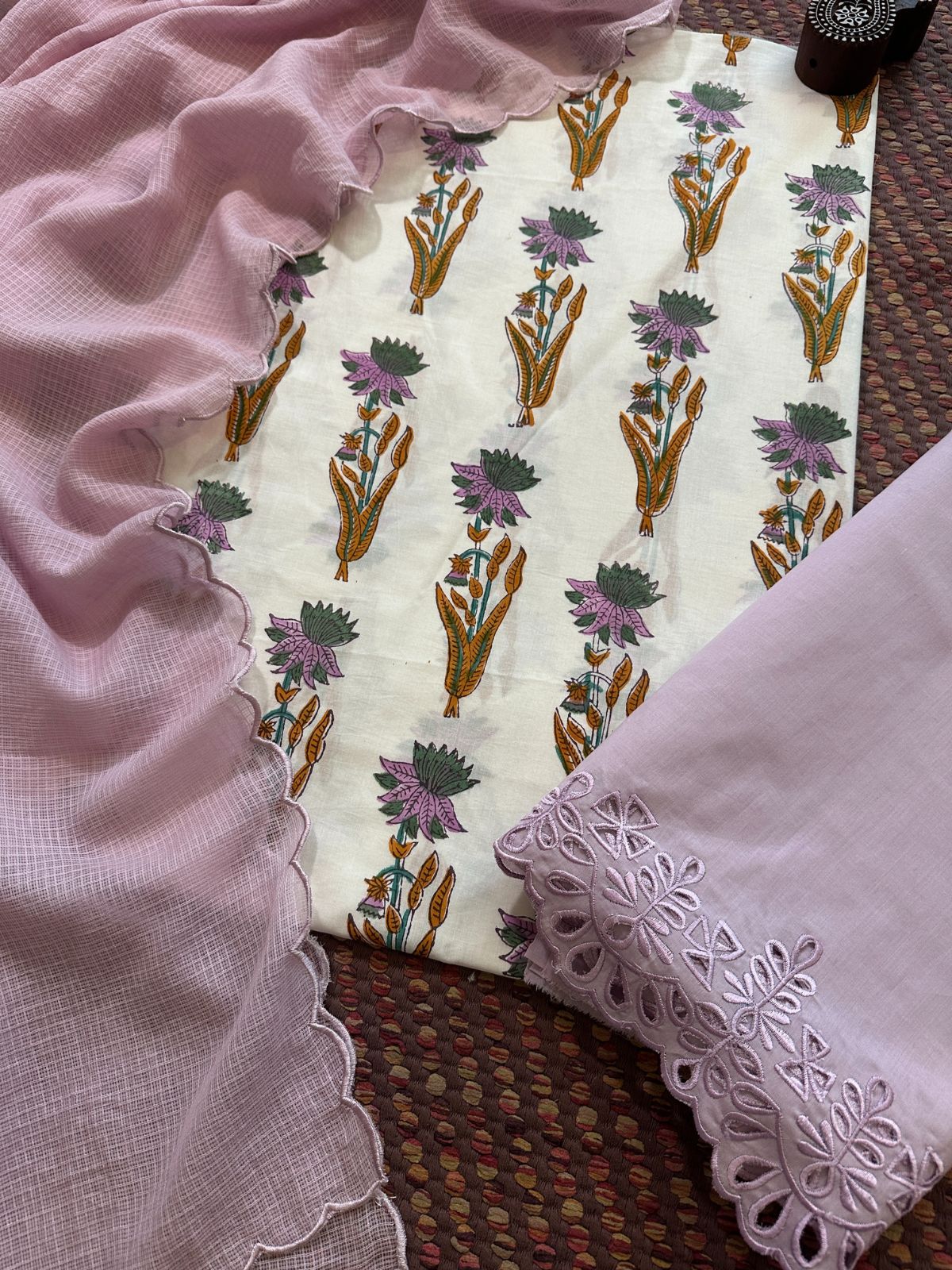 Pure Cotton Malmal Hand-blocked Fabric with Cutwork Bottom & Kota Doria Dupatta