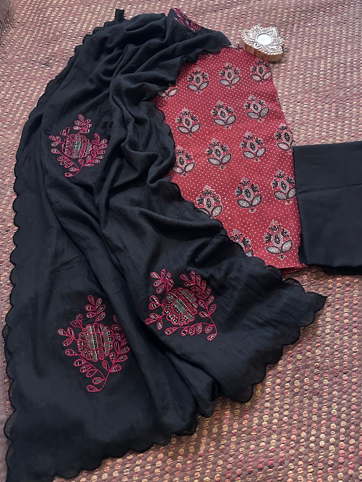Ajrakh Cotton Malmal Unstitched Set with Applique Kota Dupatta