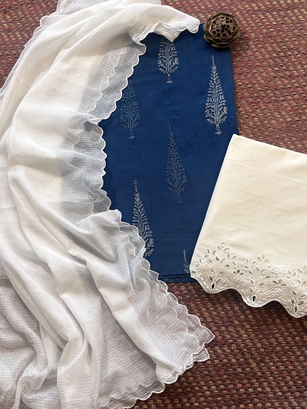 Pure Cotton Hand-blocked Indigo Fabric with Cutwork Bottom & Kota Doria Dupatta