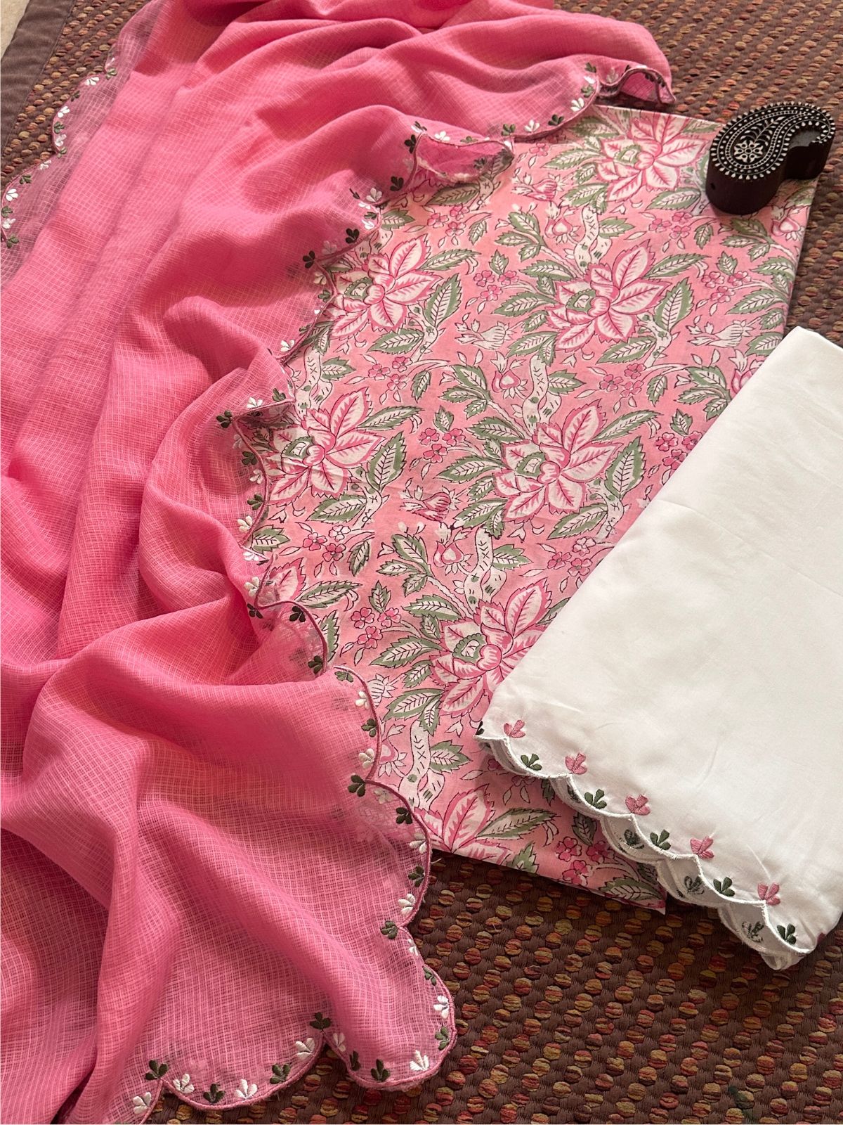 Pure Cotton Hand blocked Fabric with Embroidered Dupatta & Bottom