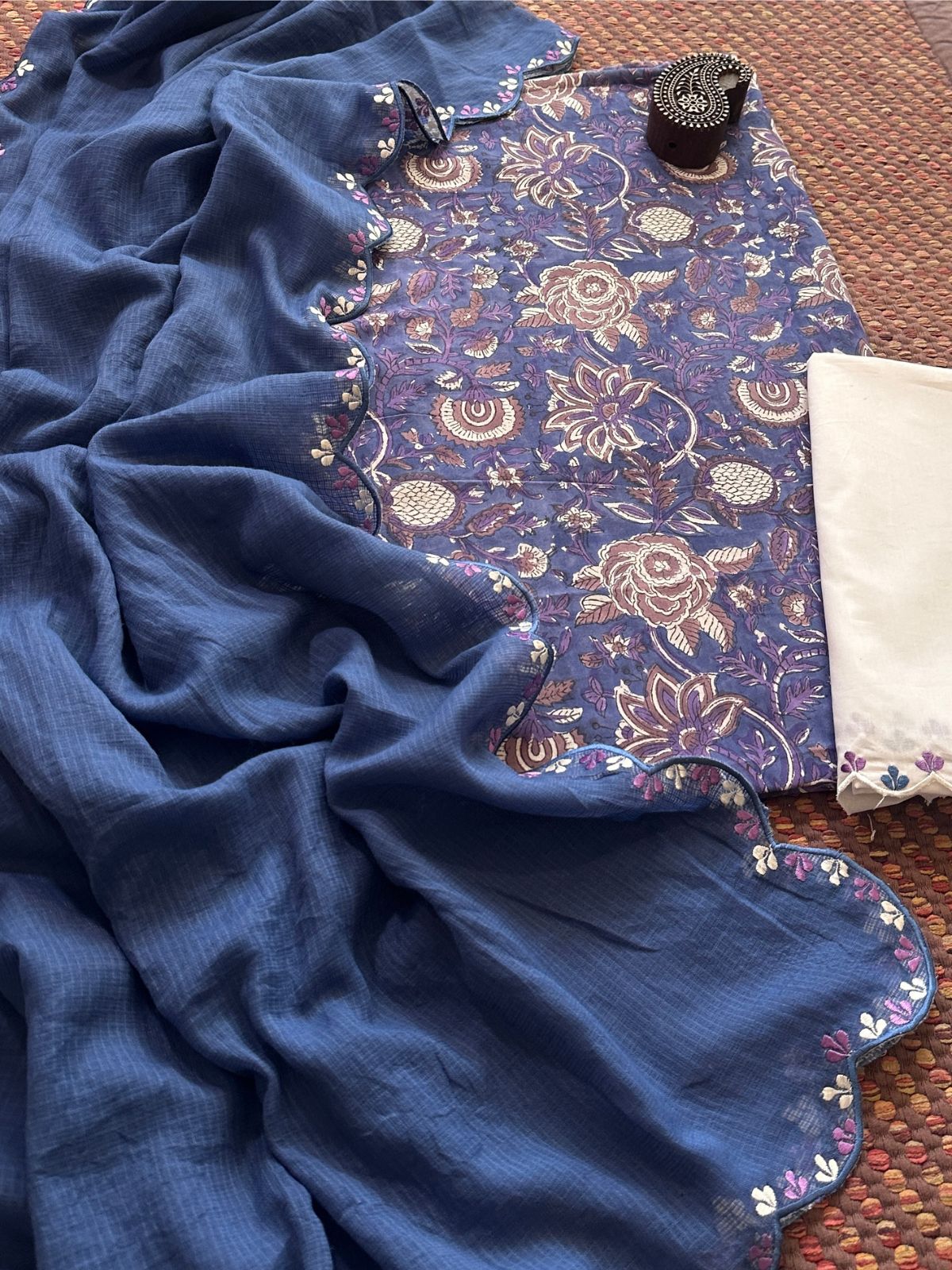 Pure Cotton Hand-block Fabric with Exclusive Embroidered Bottom & Kota Doria Dupatta