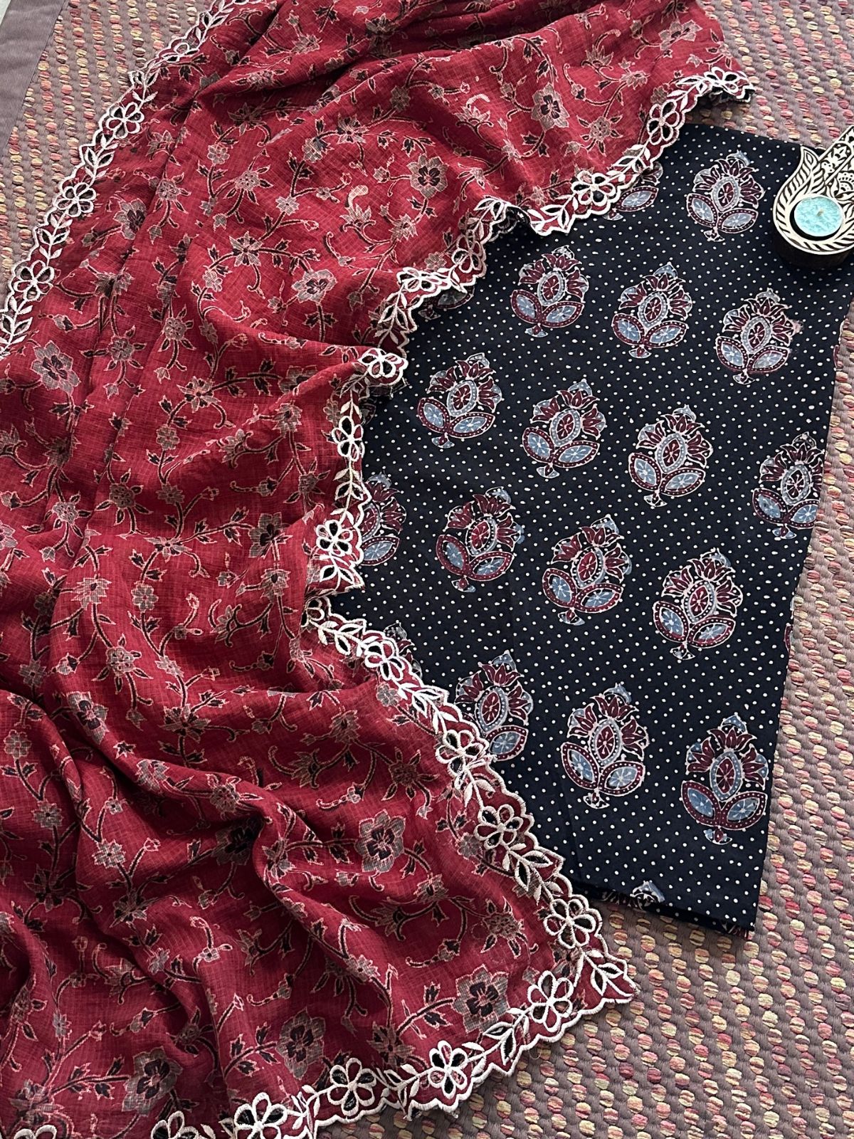 Pure Cotton Malmal Handblock Fabric in Ajrak with Cutwork Embroidered Dupatta