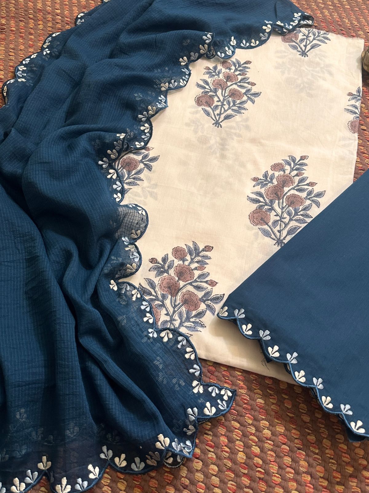 Pure Cotton Handblock Fabric with Exclusive Embroidered Bottom & Kota Doria Dupatta
