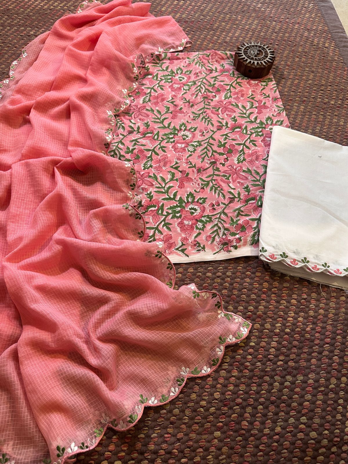 Pure Cotton Hand blocked Set with Embroidered Dupatta
