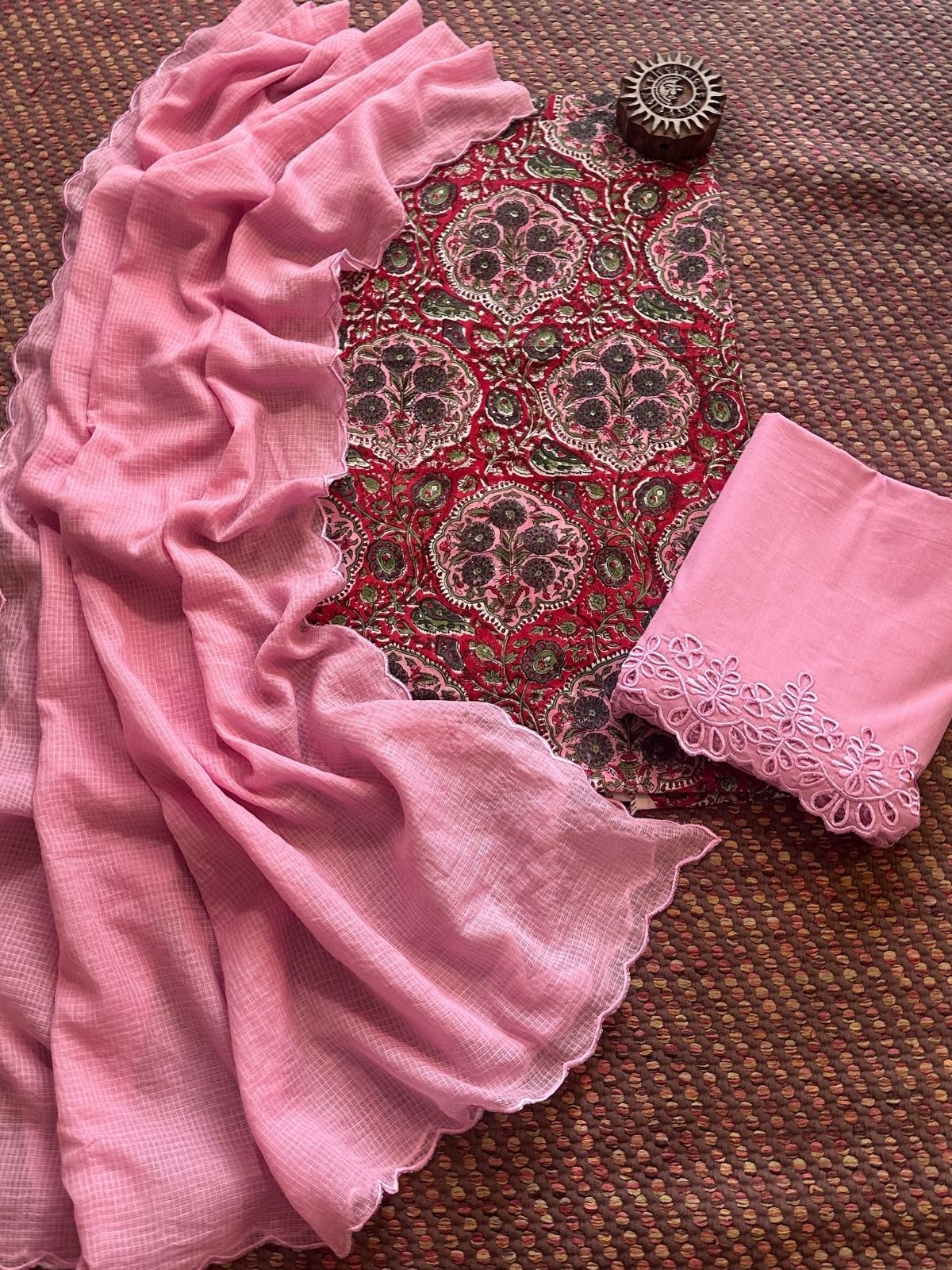 Pure Taj Cotton Hand-blocked Fabric with Cutwork Bottom & Kota Doria Dupatta