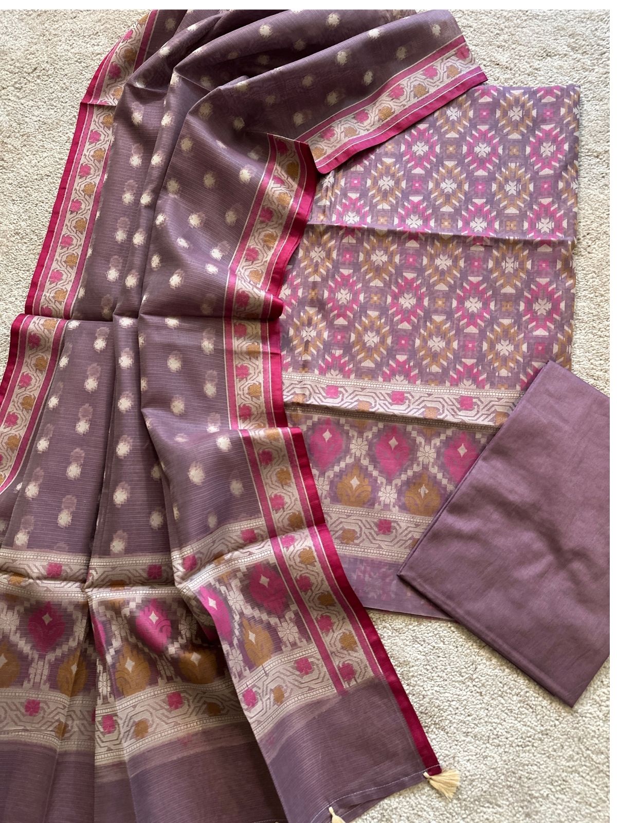 Dusty Grape- Jamdani Cotton Unstitched Set