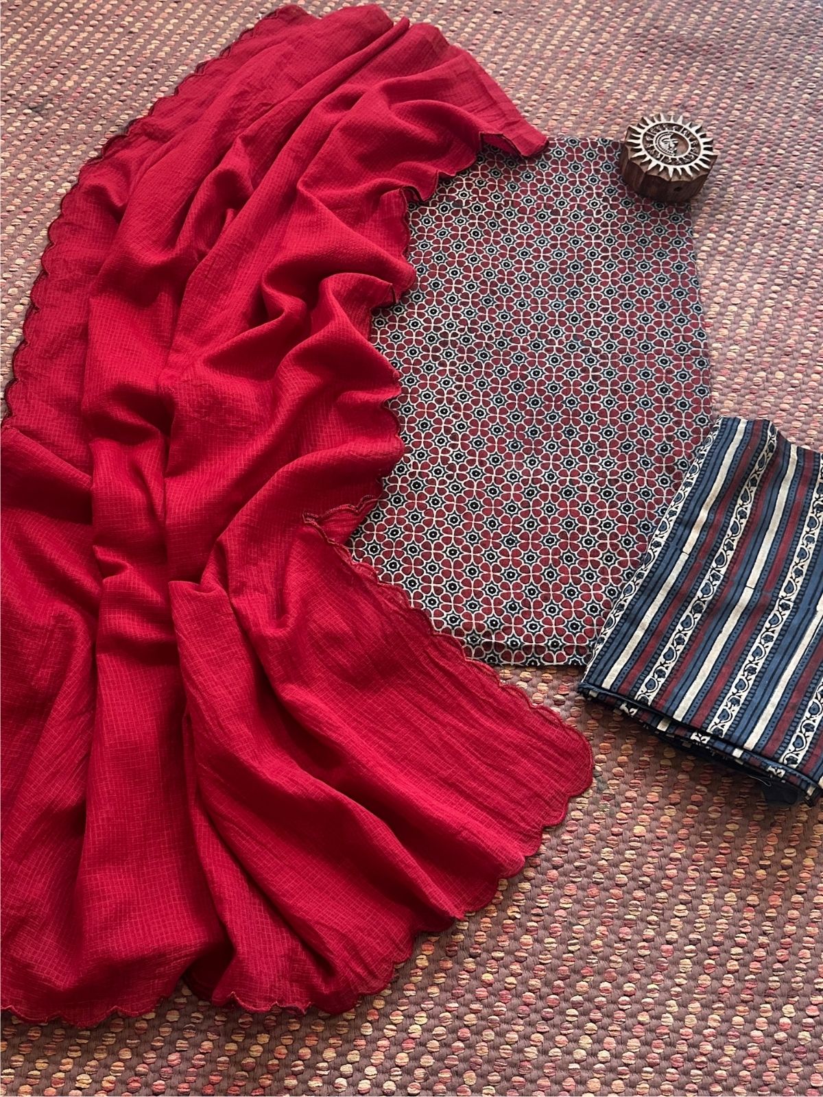 Ajrakh Handblocked Pure Cotton Malmal  Set & Kota Doria Dupatta