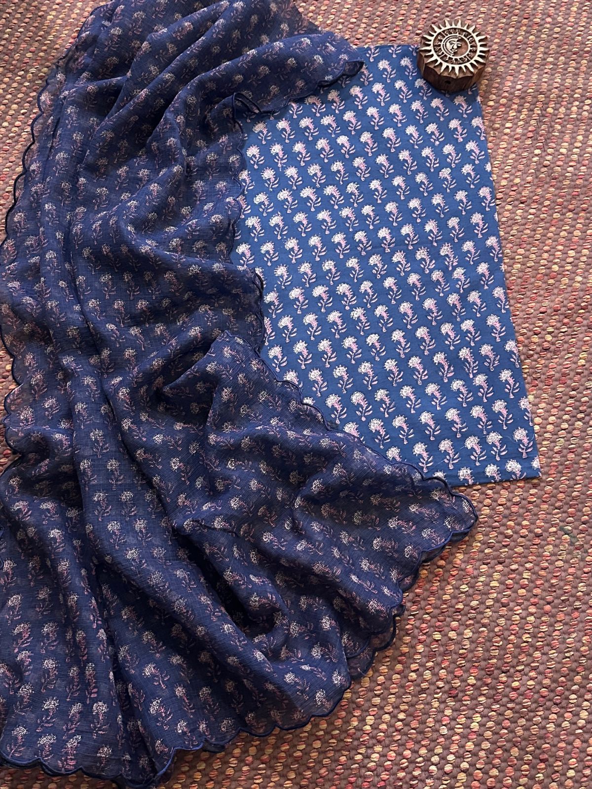 Indigo Pure Cotton Handblocked Fabric with Kota Doria Dupatta Set