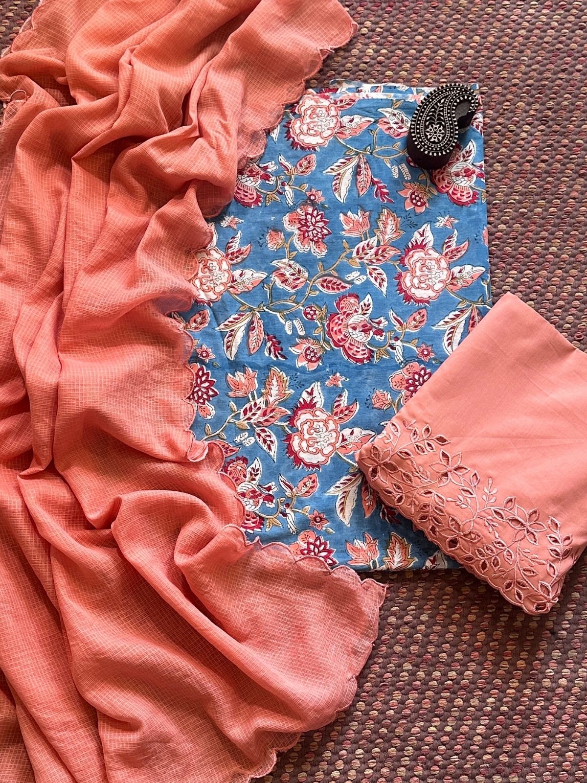 Pure Cotton Hand-blocked Fabric with Cutwork Bottom & Kota Doria Dupatta