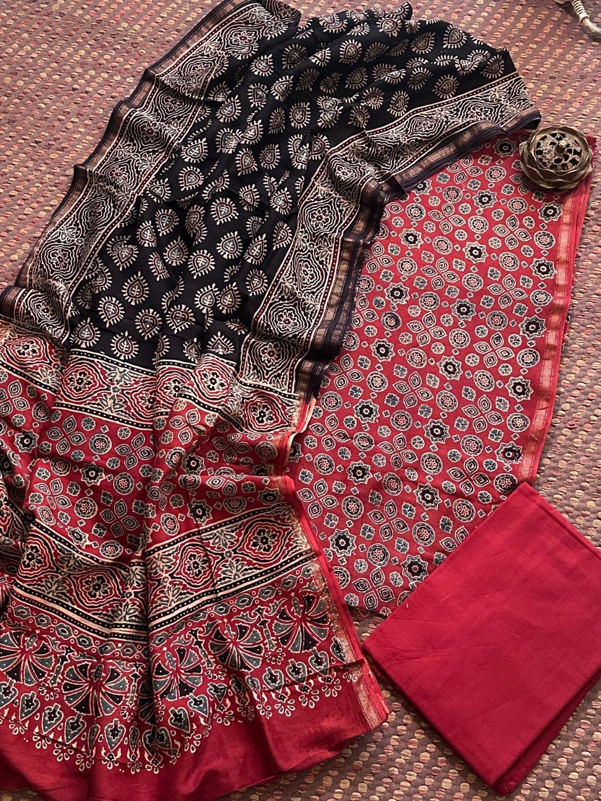 Hand-blocked Ajrak Maheswari Silk Unstitched Set