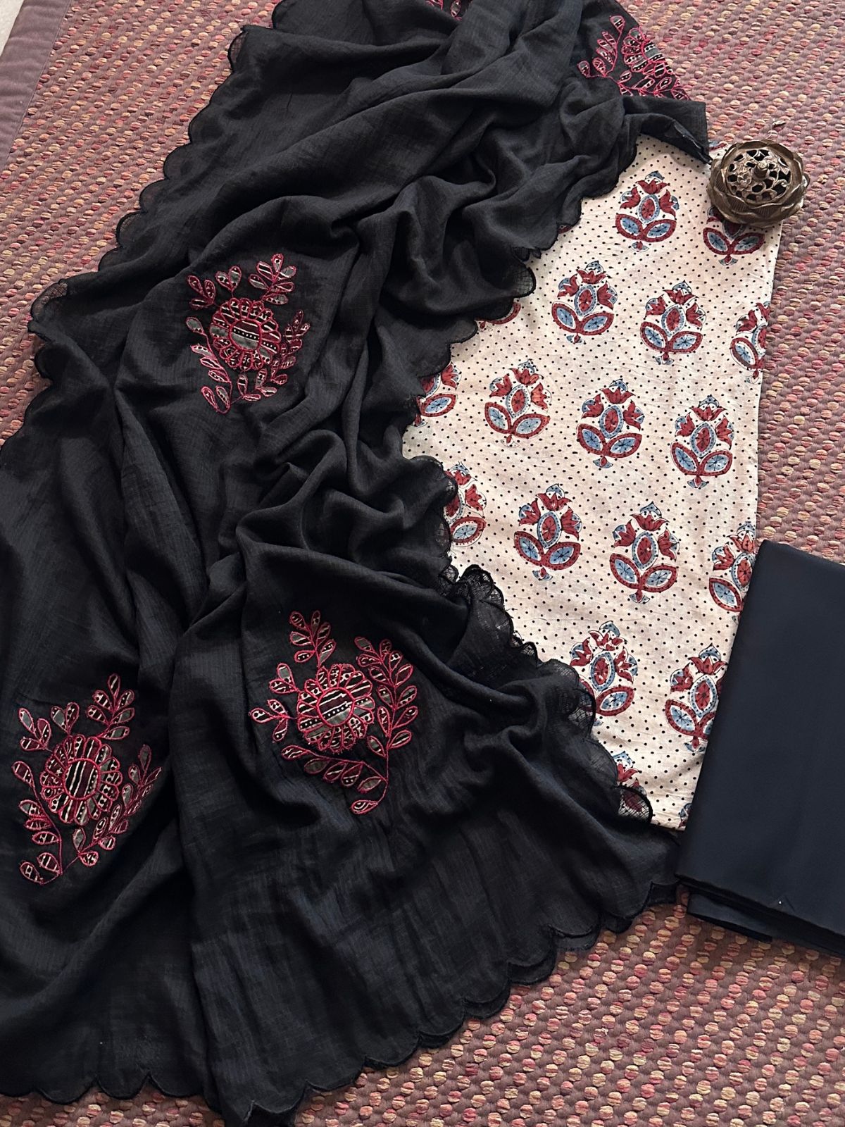 Ajrakh Cotton Malmal Unstitched Set with Applique Kota Dupatta