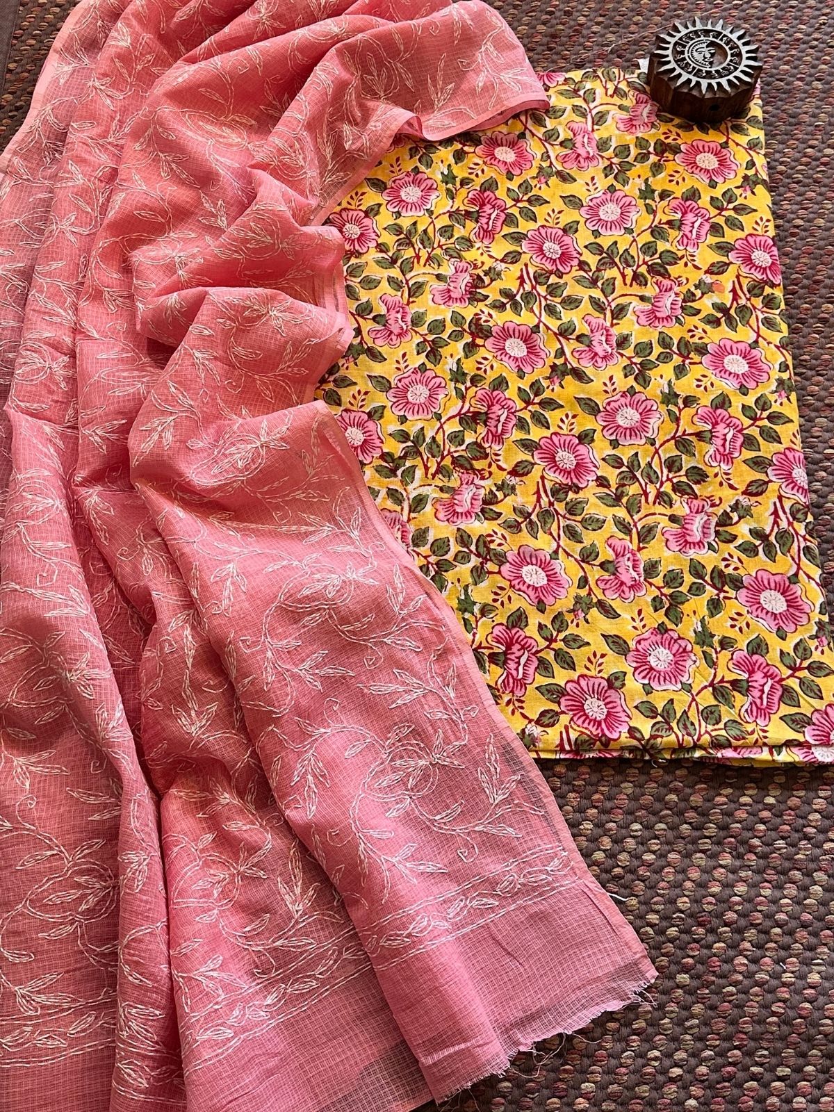 Pure Cotton Hand Blocked Fabric with Chikankari Dupatta