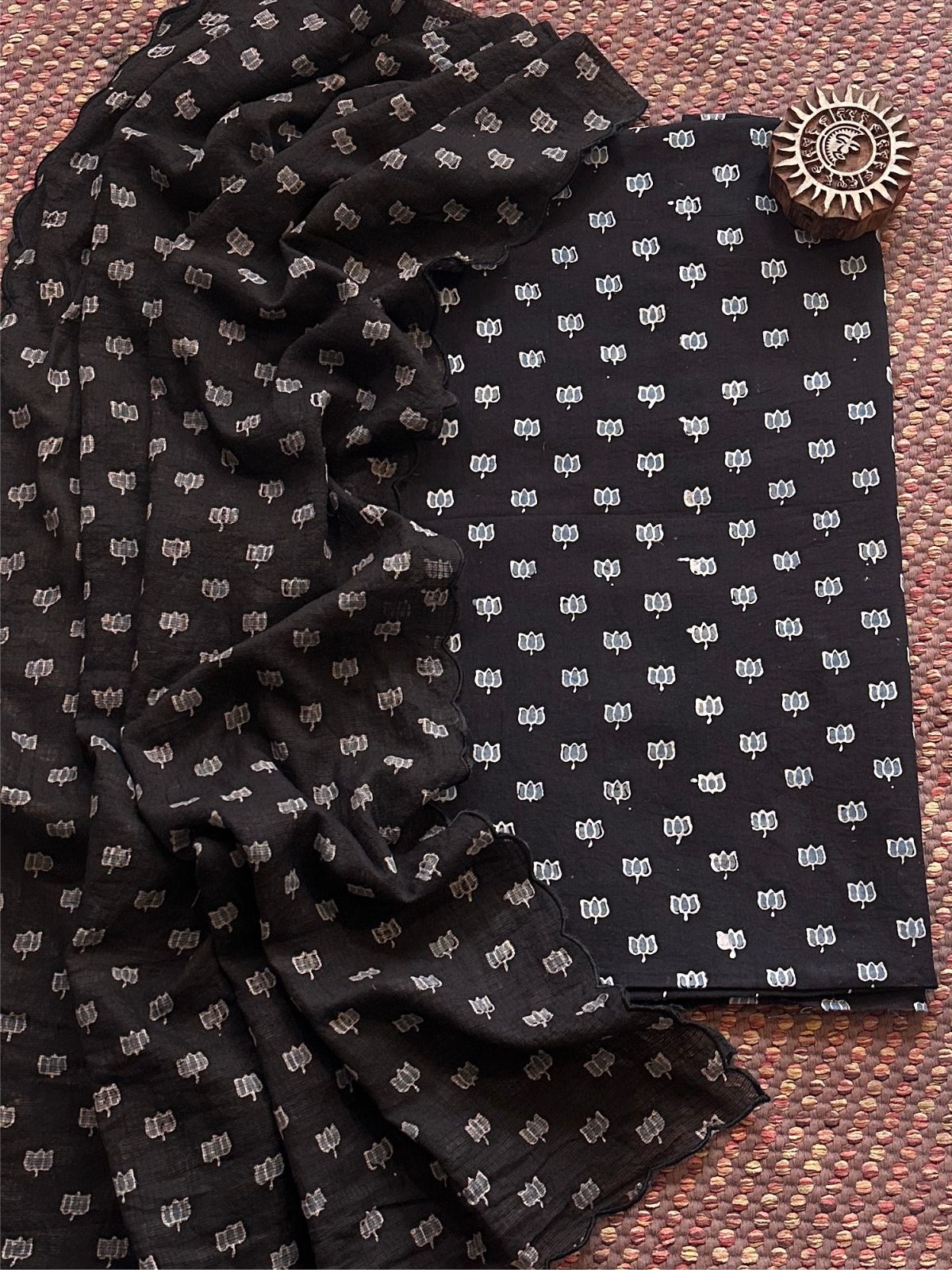 Ajrakh Cotton Malmal Handblocked Set- Top & Dupatta