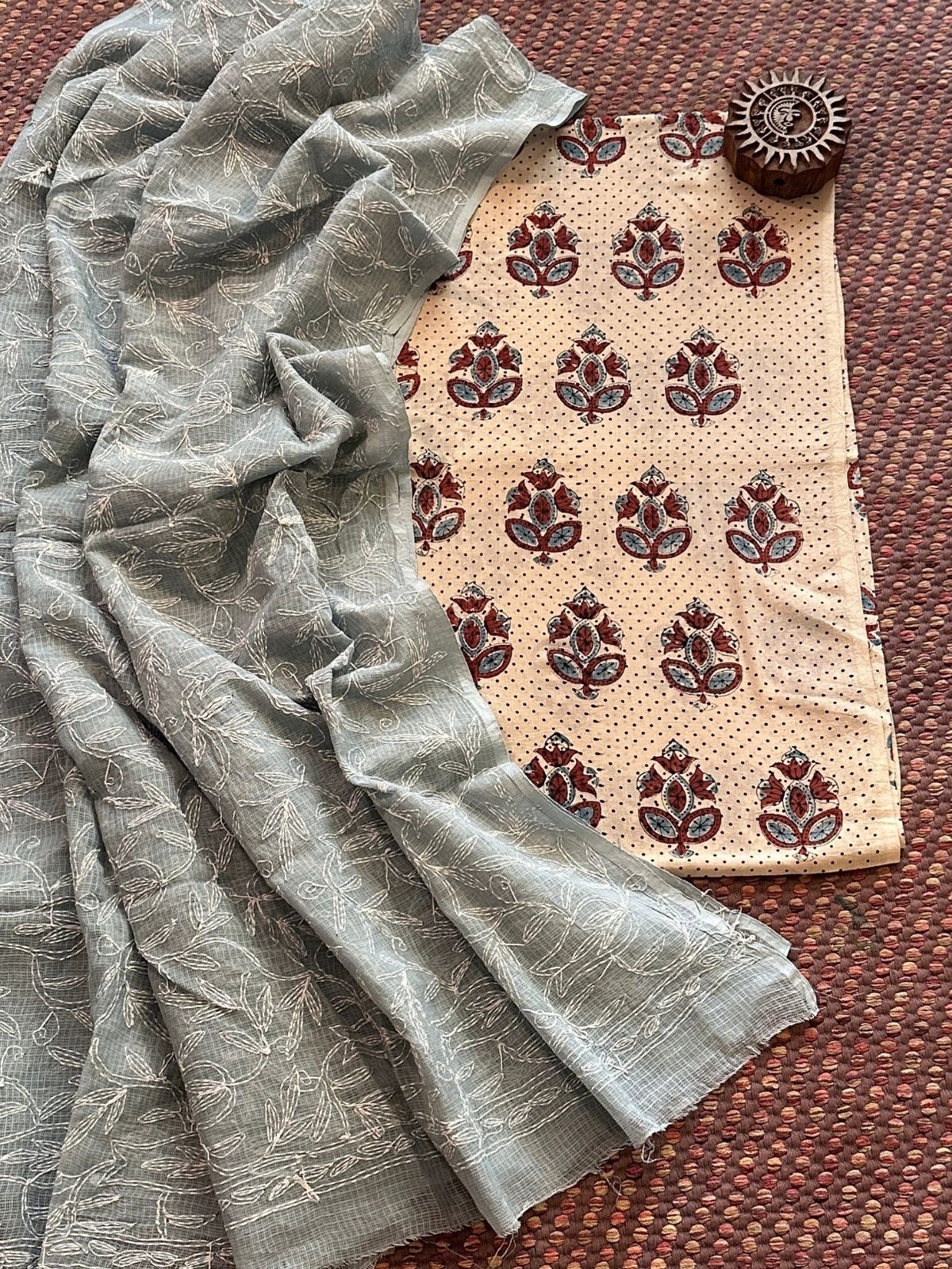 Ajrakh Handblocked Cotton Malmal Fabric with Chikankari Kota Dupatta Unstitched Set