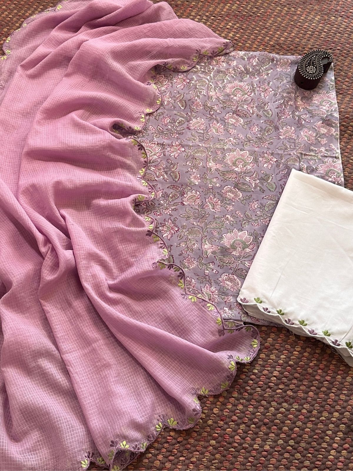 Pure Cotton Hand-block Fabric with Exclusive Embroidered Bottom & Kota Doria Dupatta